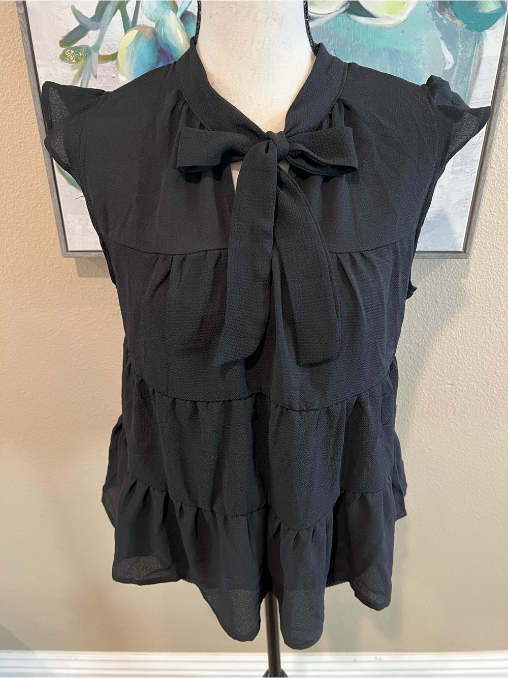 Black Tie-Neck Tiered Cap-Sleeve Blouse